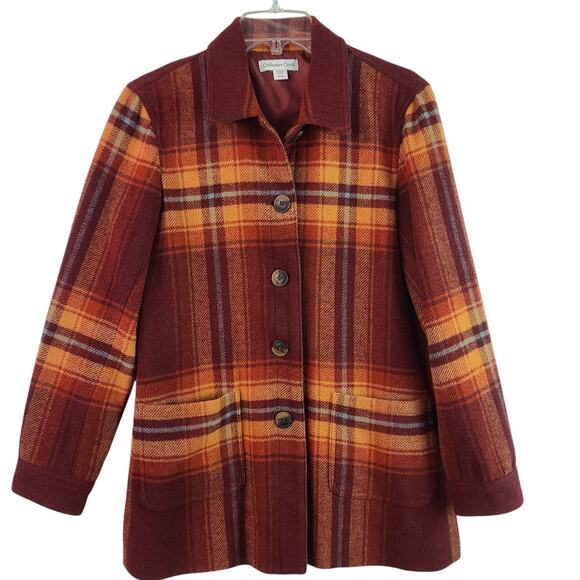 Coldwater Creek Wool Blend Lined Plaid Orange Pale Blue Jacket Blazer Coat Small - Picture 2 of 4